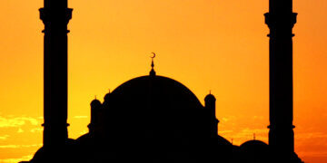 Mosque at sunset, Mizhar, Dubai